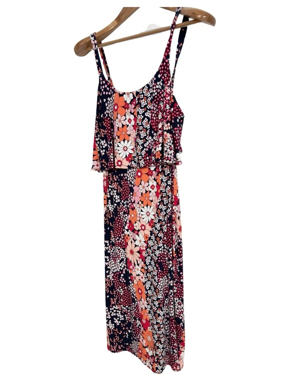 Michael Kors Floral Ruffle Midi Dress Sleeveless Stretch Navy Pink Womens Small